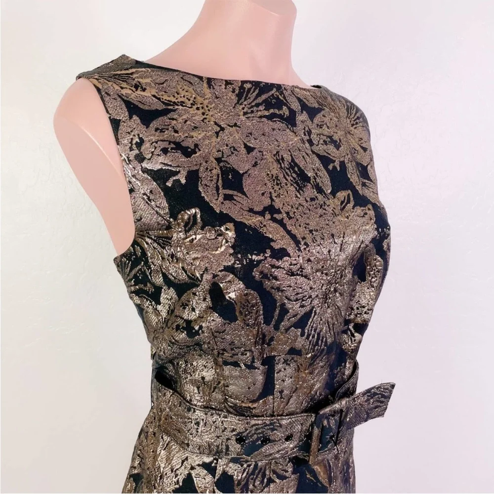Jacquard Aurelia Black Gold Belt Sheath Midi Dress - Picture 4 of 9
